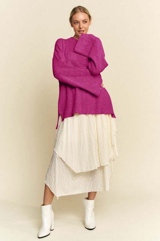 Davi & Dani High-Low Round Neck Drop Shoulder Sweater - Brittney MADE