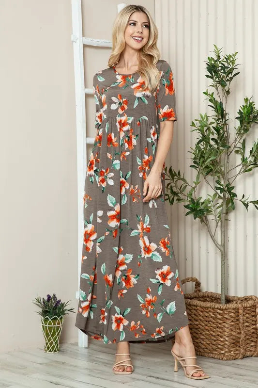 BOMBOM Floral Round Neck Short Sleeve Maxi Tee Dress - Brittney MADE