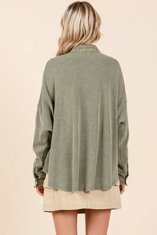 Mittoshop Mineral Wash Waffle Knit Collared Neck Henley Top - Brittney MADE