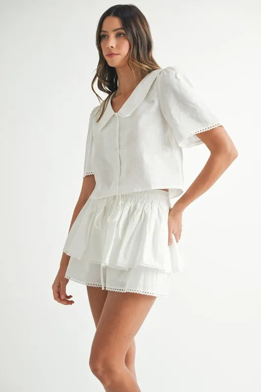 MABLE Collared Button Down Crop Top and Skort Set - Brittney MADE