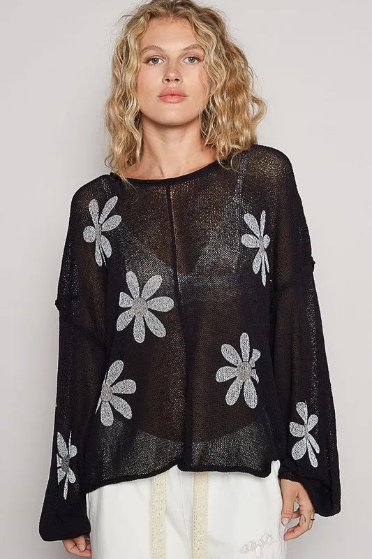 POL Flower Roll Edge Round Neck Drop Shoulder Knit Top - Brittney MADE