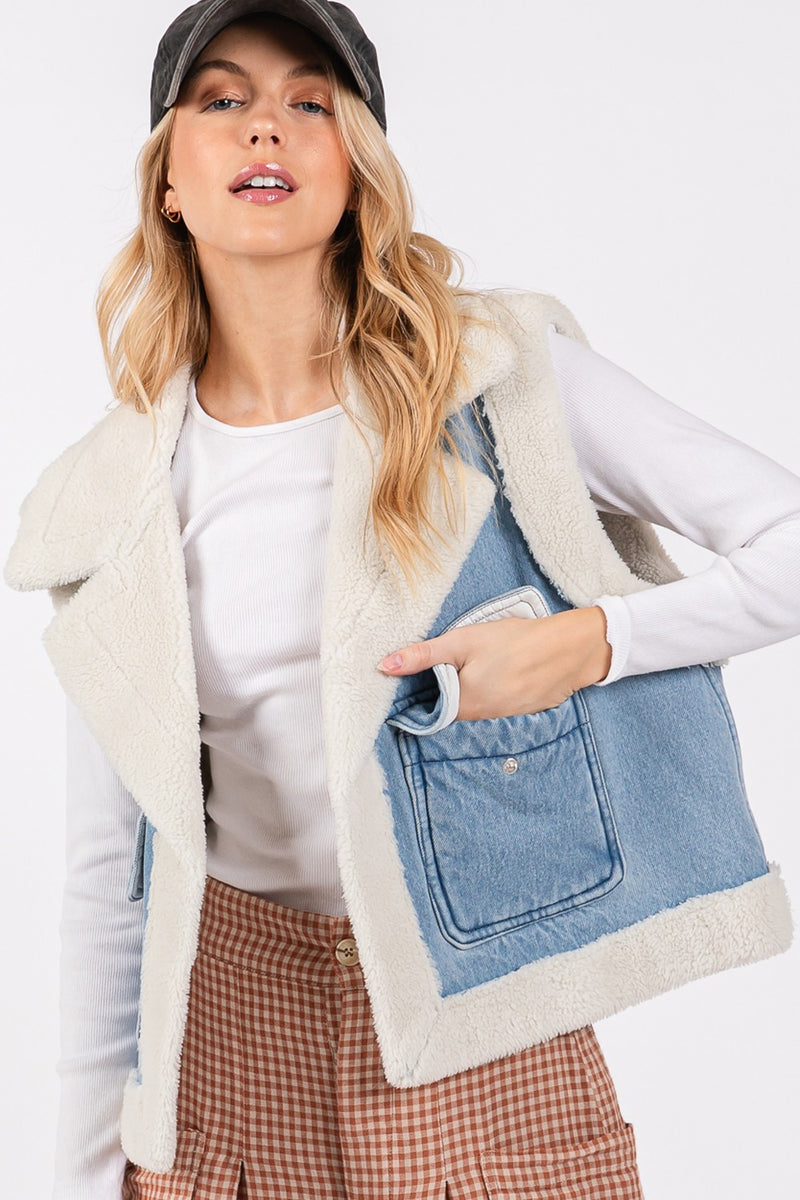 SAGE + FIG Pocketed Collared Neck Sherpa Vest - Brittney MADE