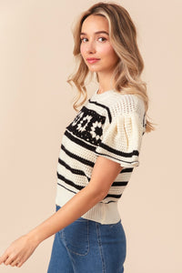 BiBi Granny Square Short Sleeve Striped Sweater - Brittney MADE