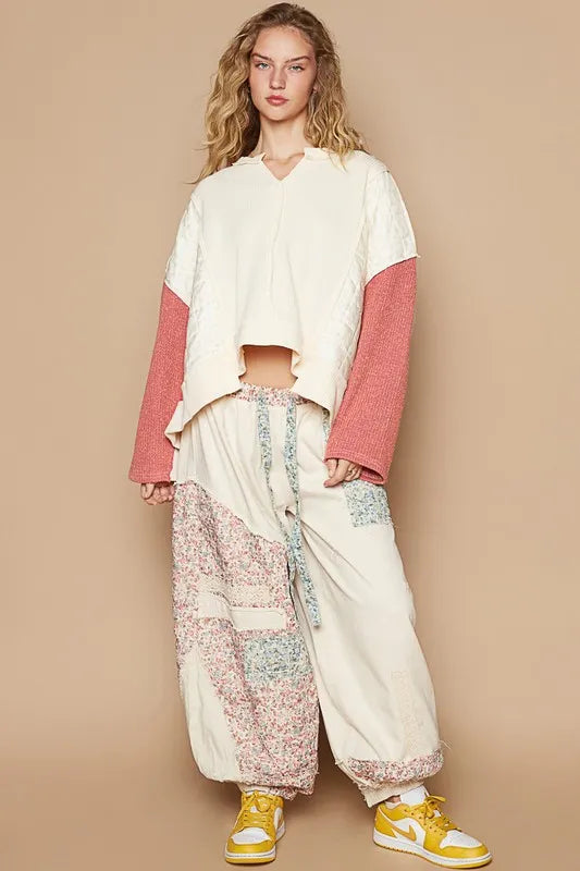 POL Waffle-Knit Contrast Notched Long Sleeve Knit Top - Brittney MADE