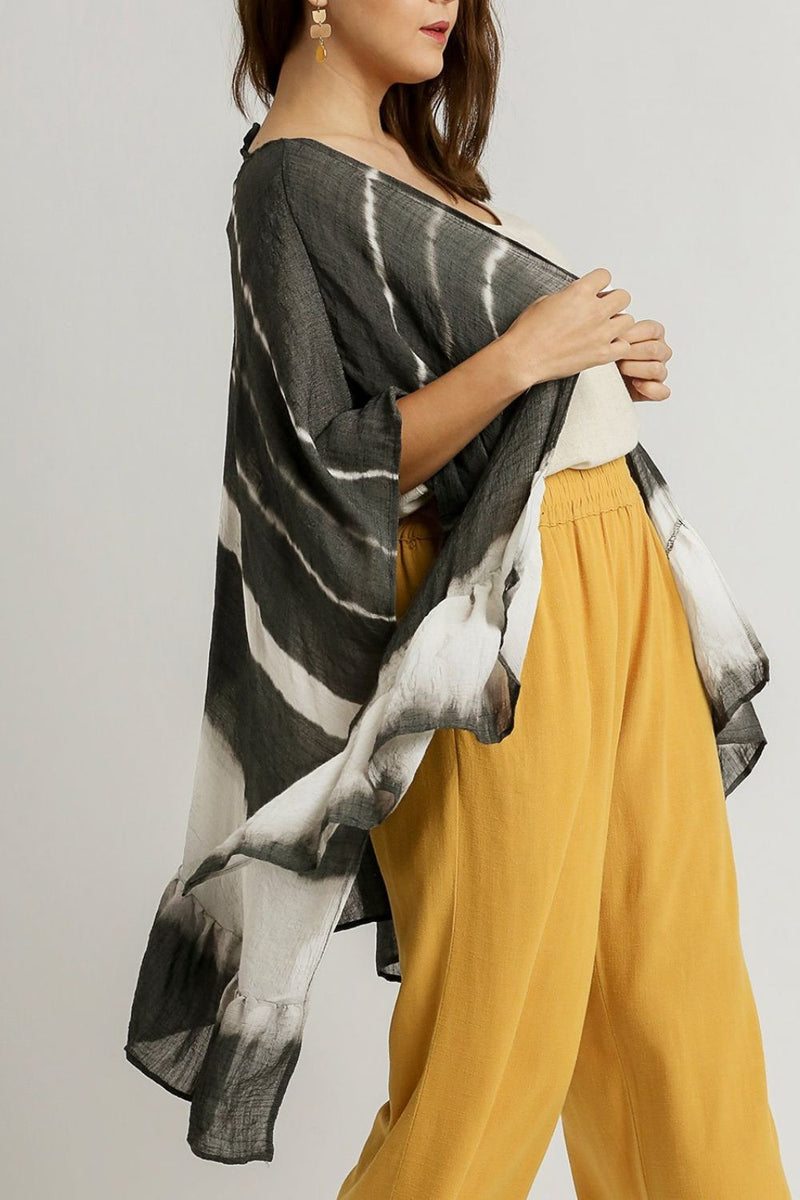 Umgee Full Size Tie Dye Back String Tie Open Front Kimono Sleeve Cover Up Plus Size - Brittney MADE
