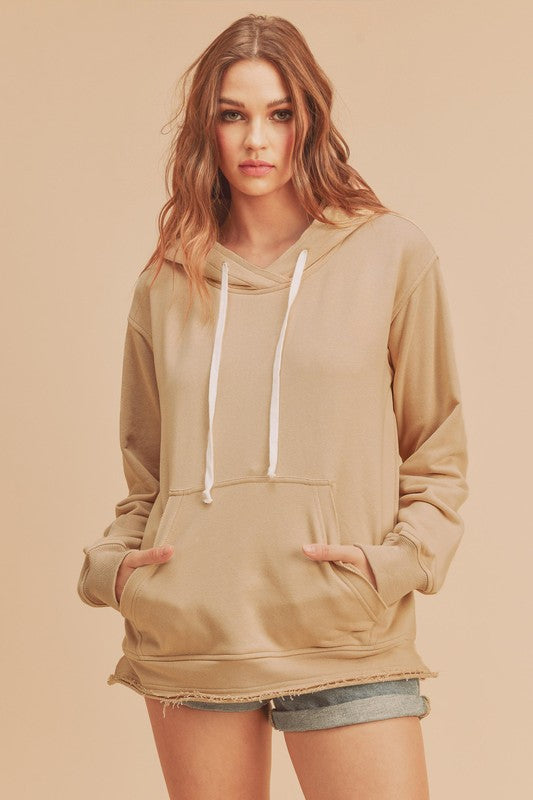 Aemi + Co Raw Hem Kangaroo Pocketed Drawstring Hoodie - Brittney MADE