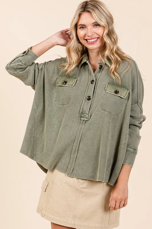 Mittoshop Mineral Wash Waffle Knit Collared Neck Henley Top - Brittney MADE