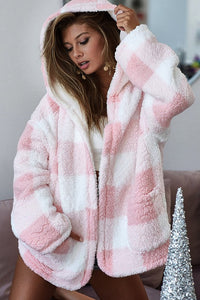 BiBi Two Way Reversible Check Plaid Faux Fur Hooded Jacket - Brittney MADE