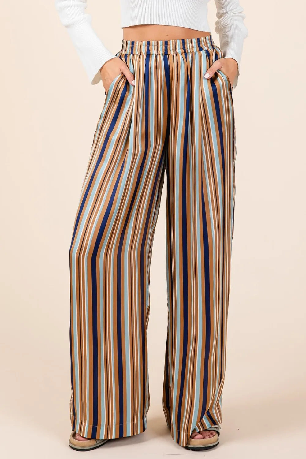 Mittoshop Striped Satin Elastic Waist Wide Leg Pants - Brittney MADE