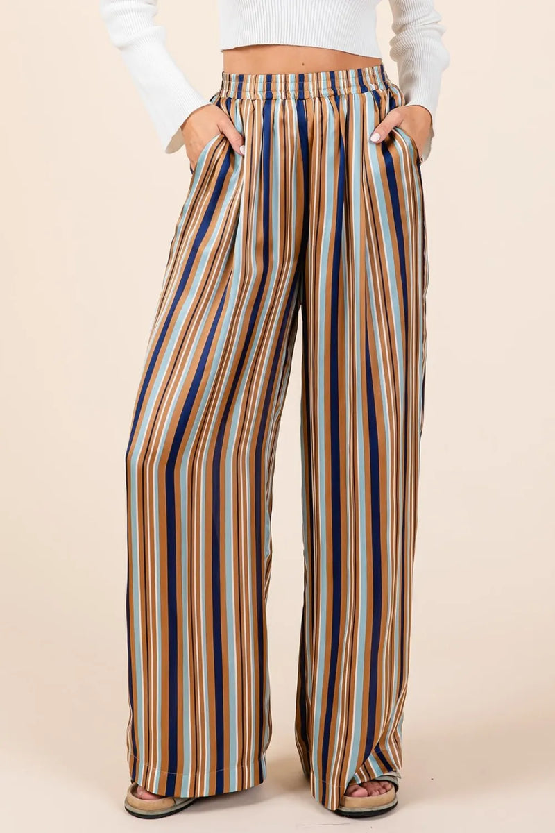 Mittoshop Striped Satin Elastic Waist Wide Leg Pants - Brittney MADE