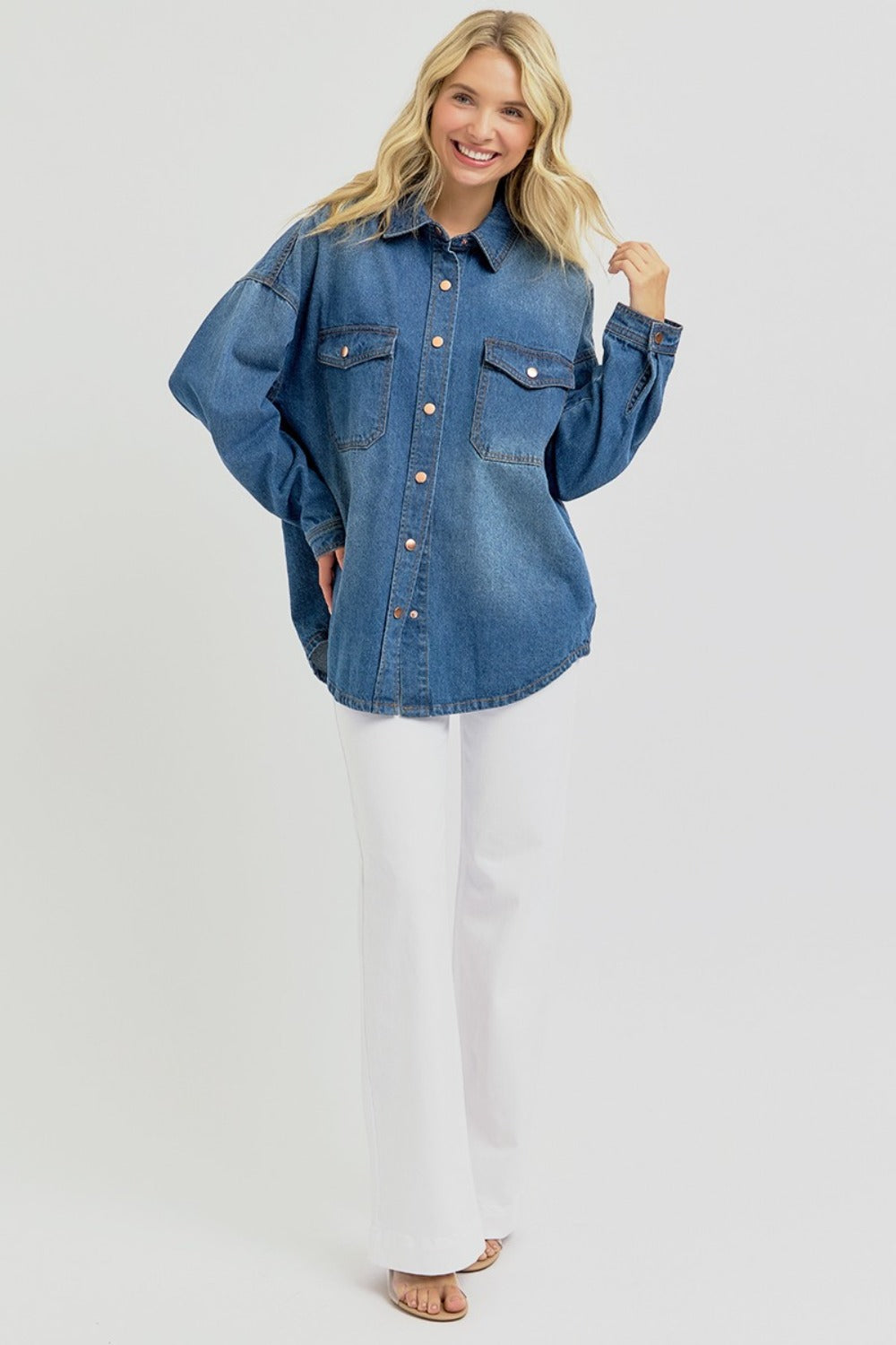 RISEN Full Size Snap Down Long Sleeve Denim Shacket - Brittney MADE