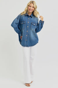 RISEN Full Size Snap Down Long Sleeve Denim Shacket - Brittney MADE