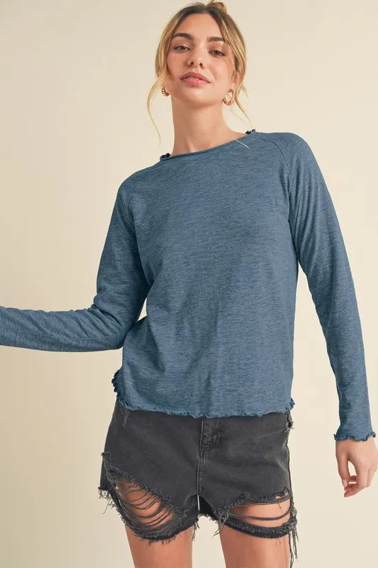 Aemi + Co Lettuce Hemline Round Neck Raglan Sleeve T-Shirt - Brittney MADE