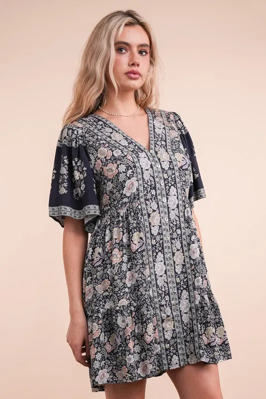 VERY J Shirring Detail Printed Woven Mini Dress - Brittney MADE