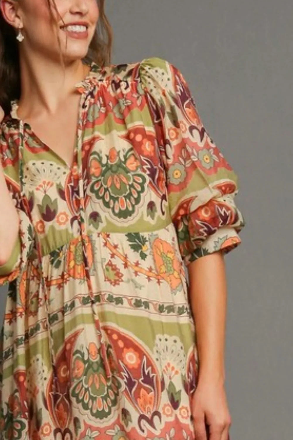 Umgee Full Size Tiered Border Print Midi Dress Plus Size - Brittney MADE