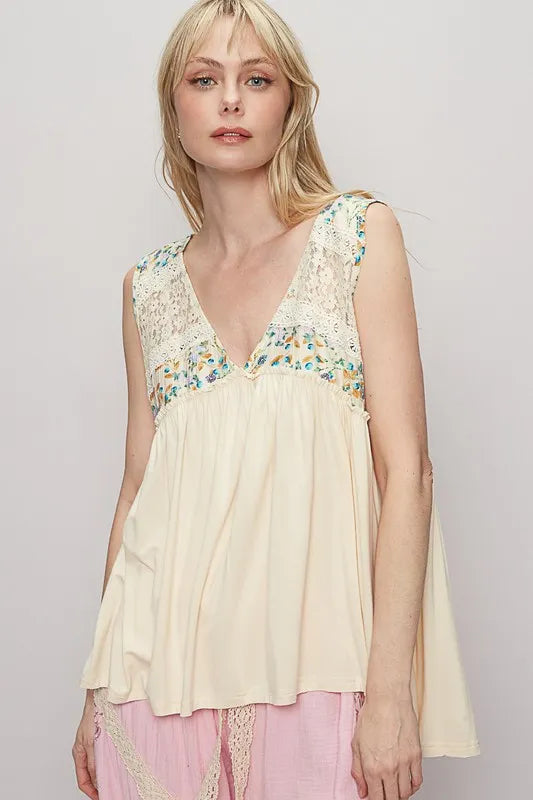 POL Lace Detail Frill Floral V-Neck Sleeveless Top - Brittney MADE