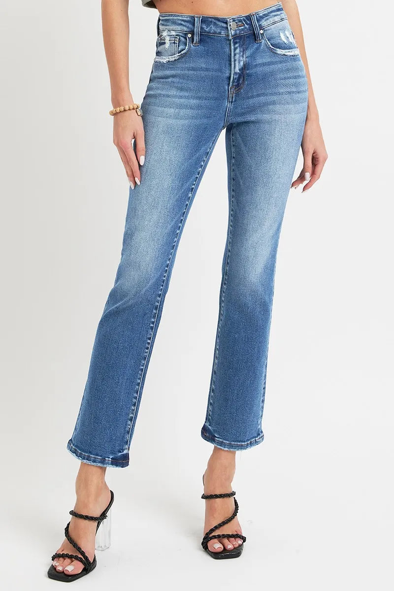 RISEN Full Size Mid Rise Ankle Straight Jeans with Pockets - Brittney MADE