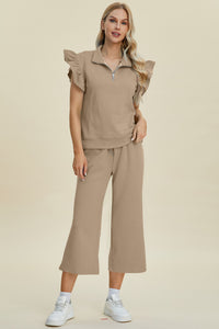 Double Take Full Size Texture Ruffle Short Sleeve Top and Wide Leg Pants Set - Brittney MADE