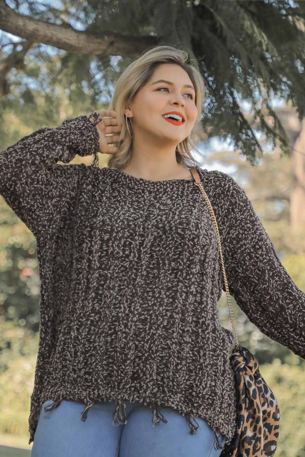 Umgee Full Size Frayed Hem Cable Knit Round Neck Sweater Plus Size - Brittney MADE