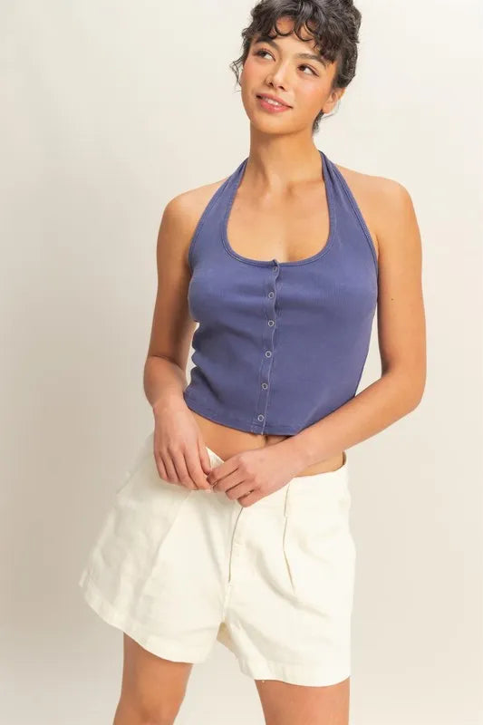 HYFVE Halter Neck Buttoned Washed Top - Brittney MADE