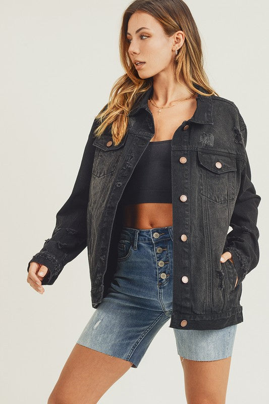 RISEN Full Size Distressed Long Sleeve Denim Jacket - Brittney MADE