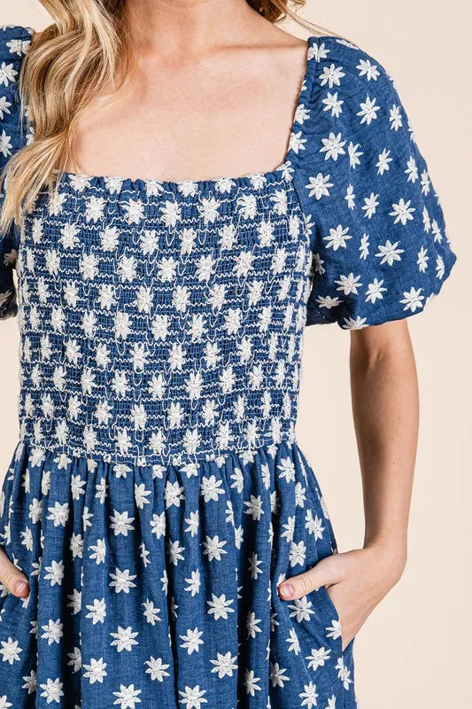 GeeGee Floral Embroidered Smocked Puff Sleeve Tiered Midi Dress - Brittney MADE