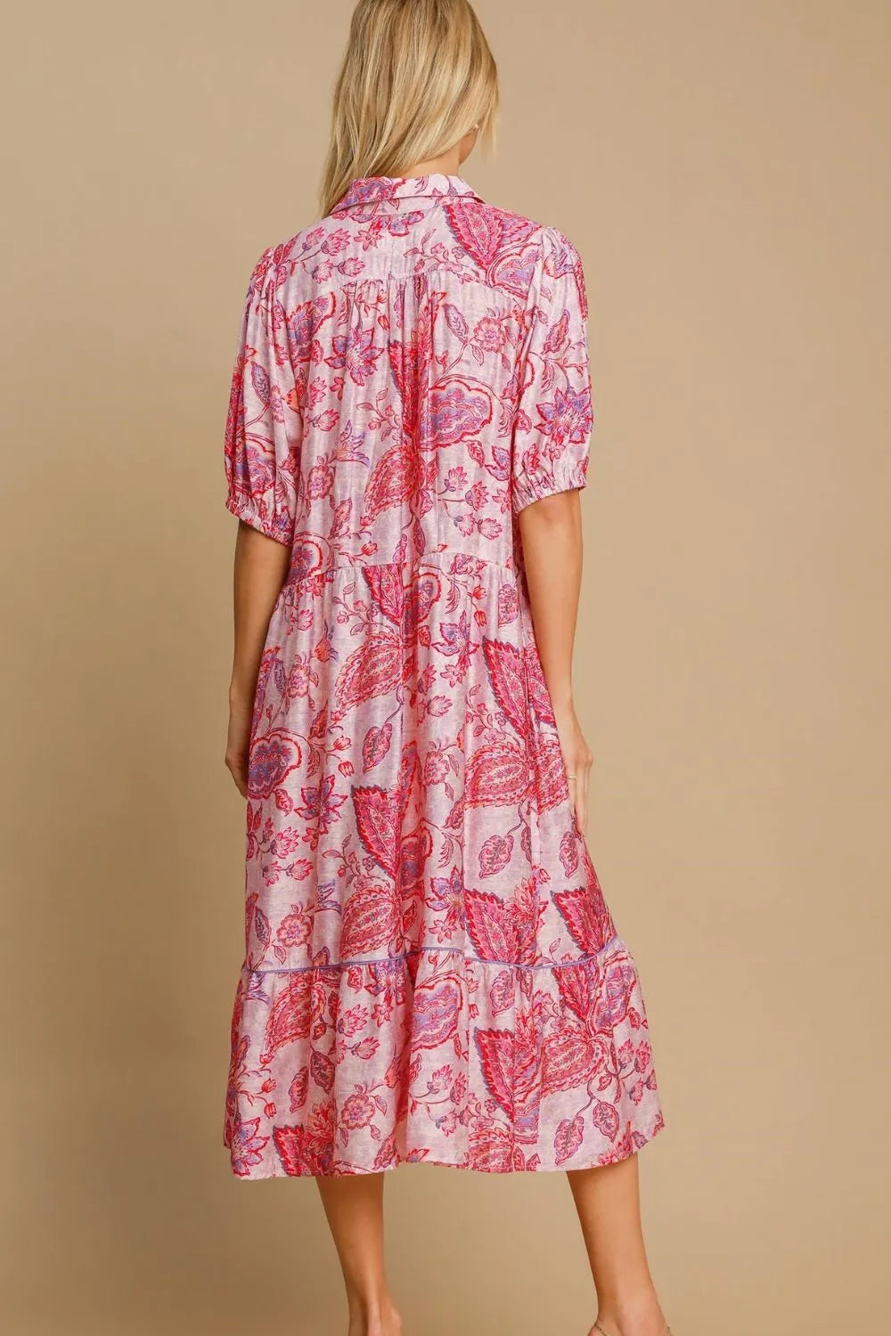 Umgee Full Size Ruffled Hem Floral Paisley Print Half Sleeve Midi Dress Plus Size - Brittney MADE