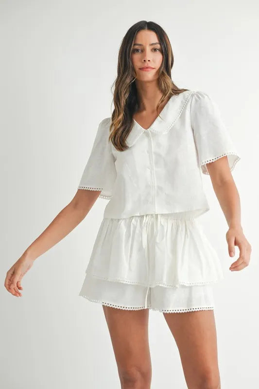 MABLE Collared Button Down Crop Top and Skort Set - Brittney MADE