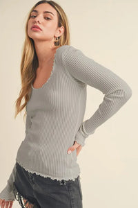 Aemi + Co Lettuce Hem Scoop Neck Long Sleeve Knit Top - Brittney MADE