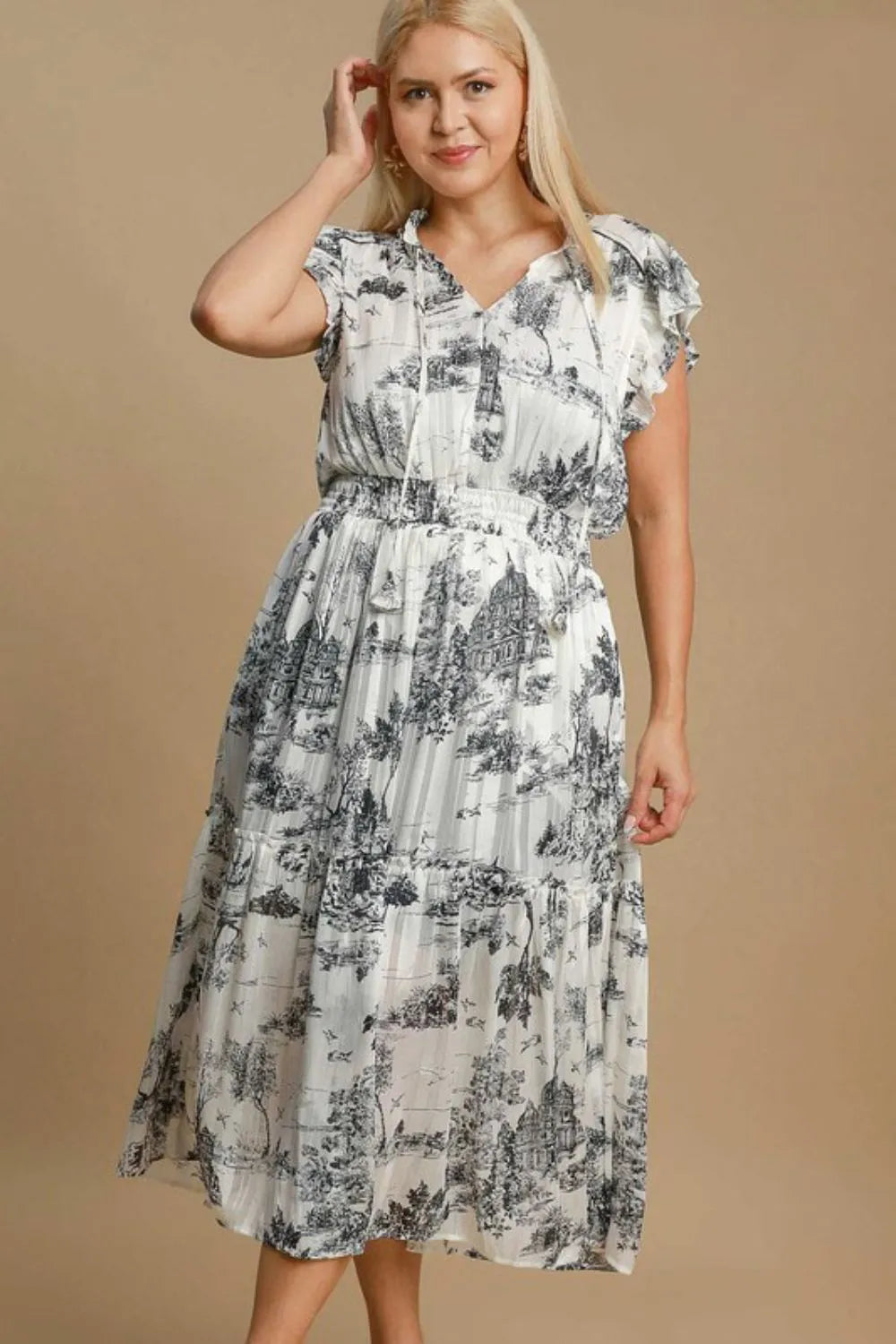 Umgee Full Size Two Tone Landscape Print Midi Dress Plus Size - Brittney MADE