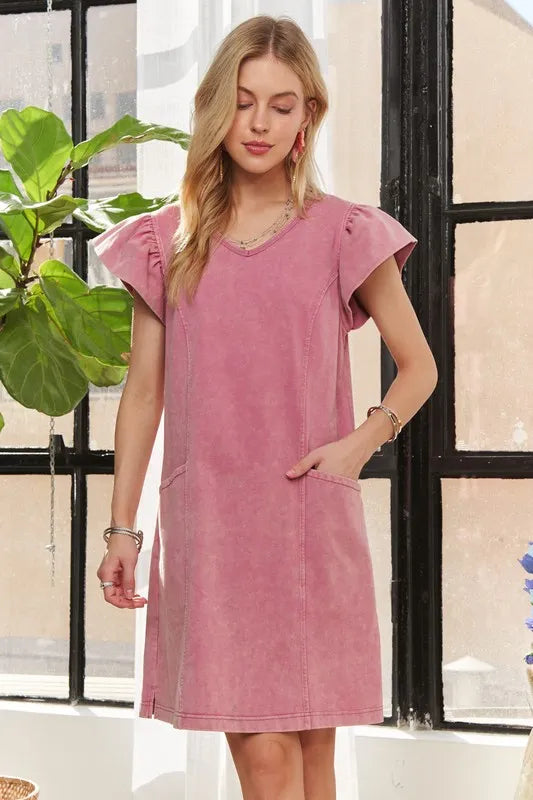 ADORA Mineral Washed V-Neck Ruffled Cap Sleeve Dress - Brittney MADE