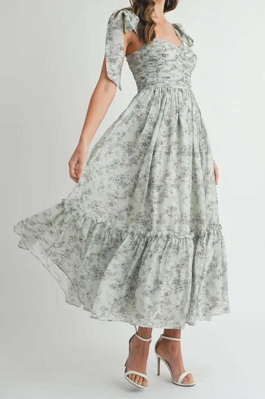 MABLE Floral Bust Ruched Midi Dress with Shoulder Tie - Brittney MADE