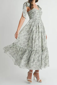 MABLE Floral Bust Ruched Midi Dress with Shoulder Tie - Brittney MADE