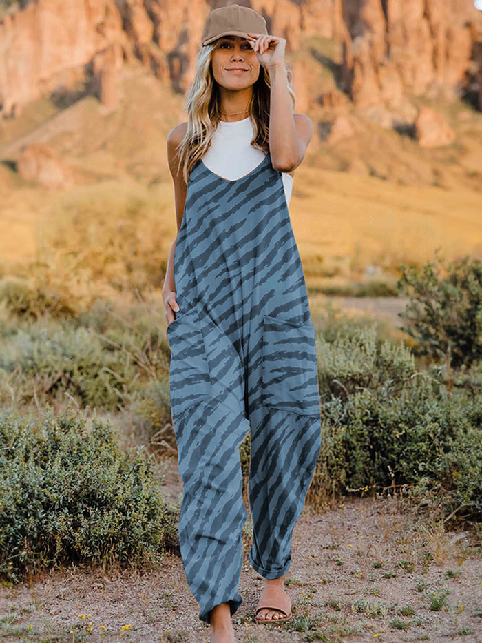Double Take Full Size Printed V-Neck Sleeveless Jumpsuit - Brittney MADE