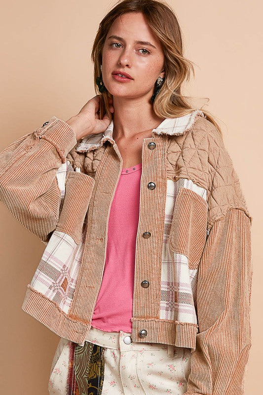 POL Corduroy Jacquard Patchwork Button Up Jacket - Brittney MADE