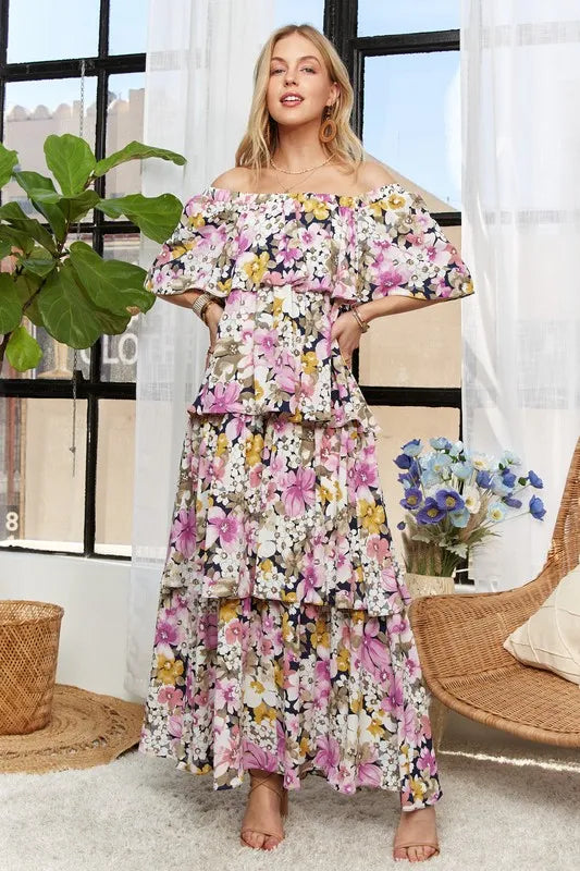 ADORA Layered Floral Off-Shoulder Short Sleeve Maxi Dress - Brittney MADE