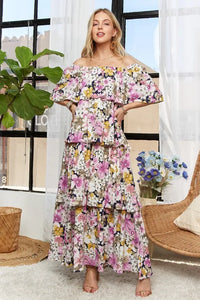 ADORA Layered Floral Off-Shoulder Short Sleeve Maxi Dress - Brittney MADE