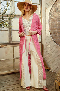 POL Tied Crochet 3/4 Sleeve Longline Cardigan - Brittney MADE