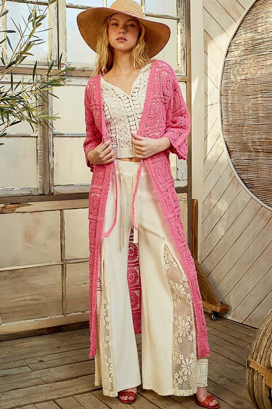 POL Tied Crochet 3/4 Sleeve Longline Cardigan - Brittney MADE