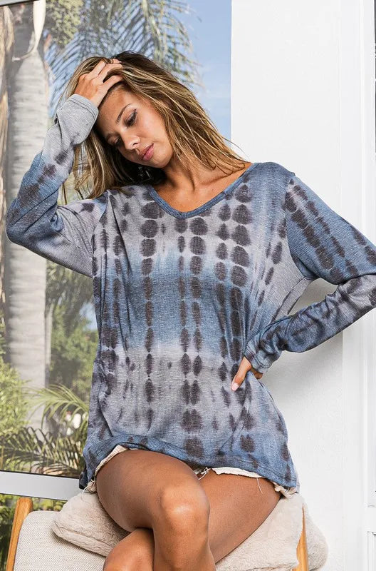 BiBi Tie-Dye Rib Knit V-Neck Long Sleeve T-Shirt - Brittney MADE