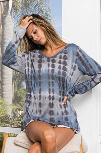 BiBi Tie-Dye Rib Knit V-Neck Long Sleeve T-Shirt - Brittney MADE