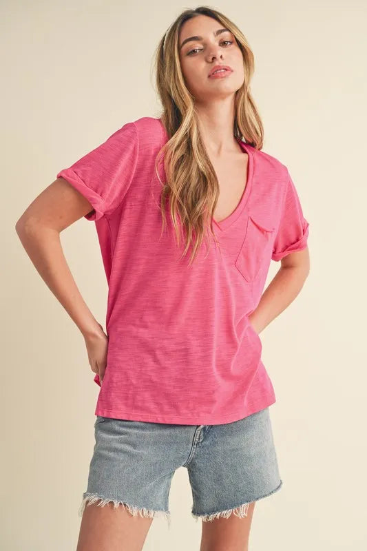 Aemi + Co Side Slit V-Neck Short Rolled Sleeve T-Shirt - Brittney MADE