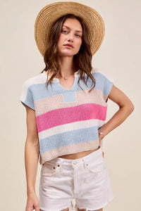 SO ME Multi Color Stripe Loose Fit Cap Sleeve Sweater Top - Brittney MADE