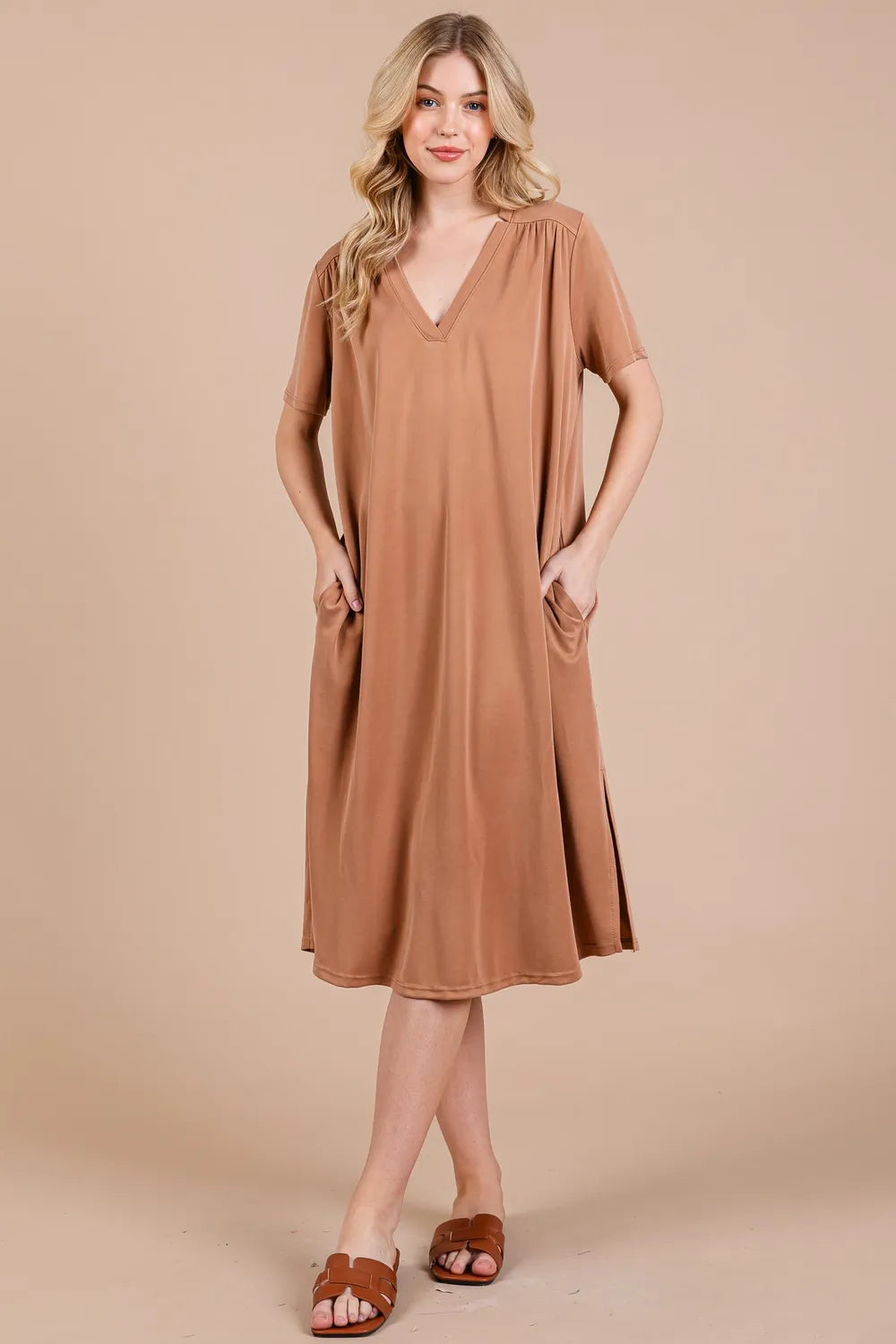 Ces Femme Side Slit Short Sleeve Midi Dress with Pockets - Brittney MADE