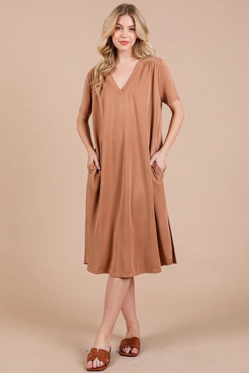 Ces Femme Side Slit Short Sleeve Midi Dress with Pockets - Brittney MADE