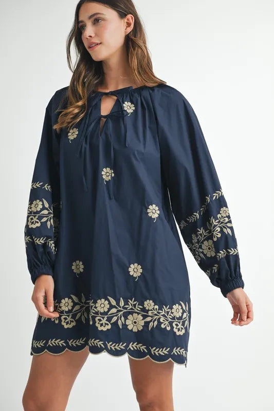 MABLE Embroidered Long Sleeve Peasant Mini Dress - Brittney MADE
