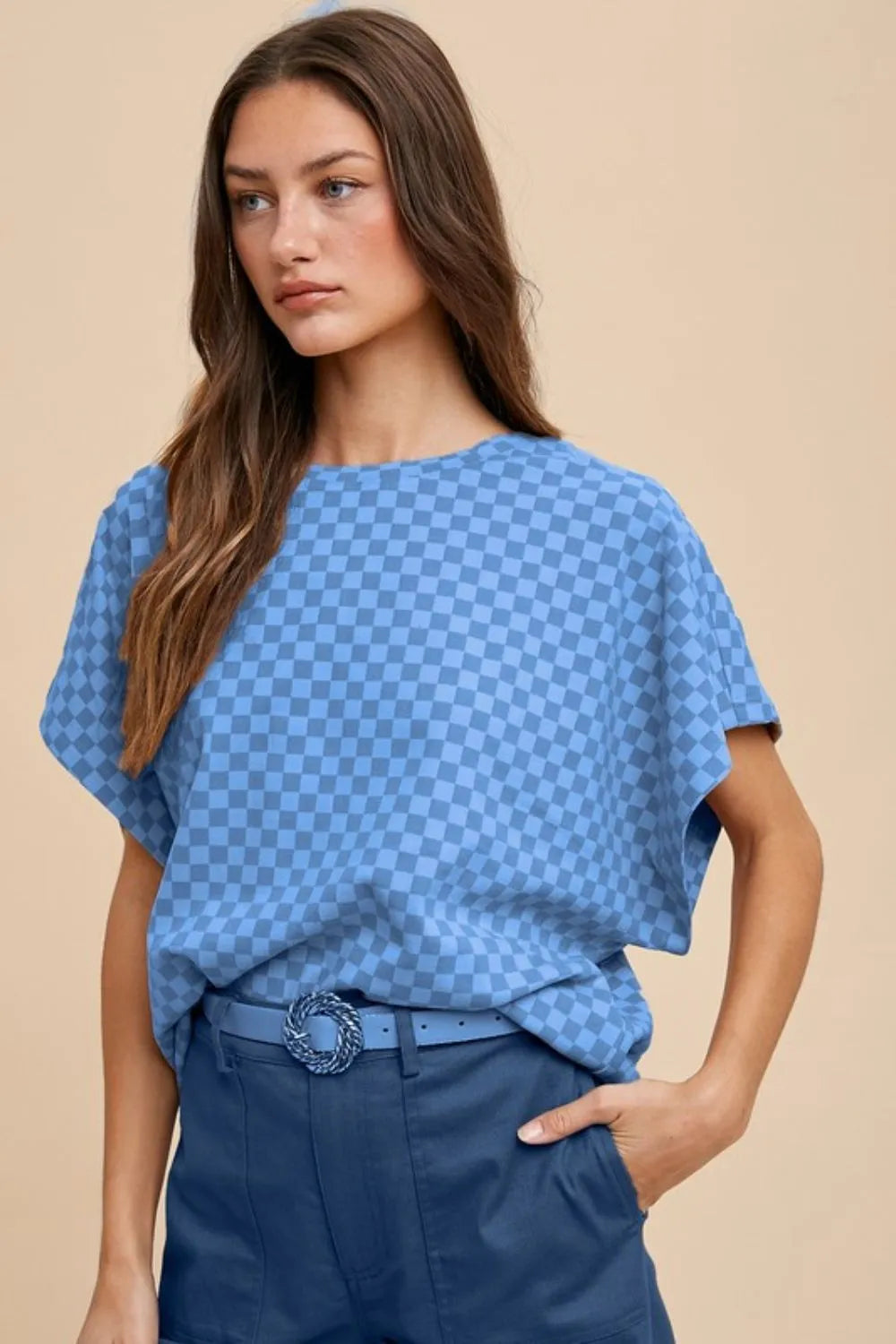 Annie Wear Checkered Round Neck Short Sleeve T-Shirt - Brittney MADE