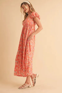 Aemi + Co Cutout Back Floral Square Neck Puff Sleeve Midi Dress - Brittney MADE