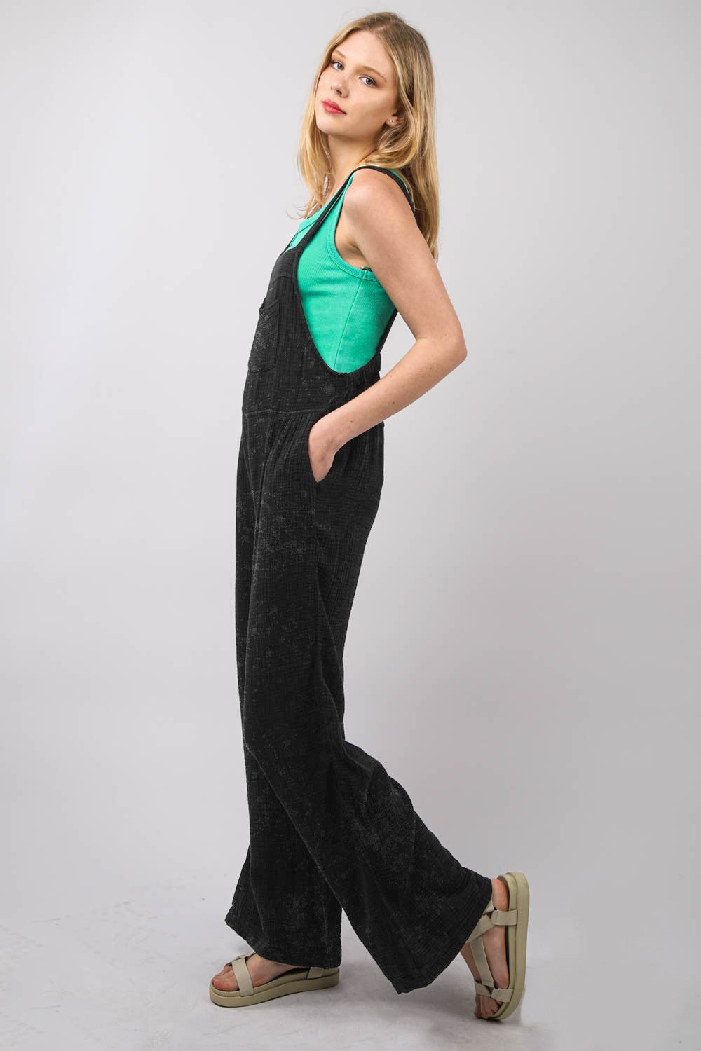 VERY J Texture Washed Wide Leg Overalls - Brittney MADE
