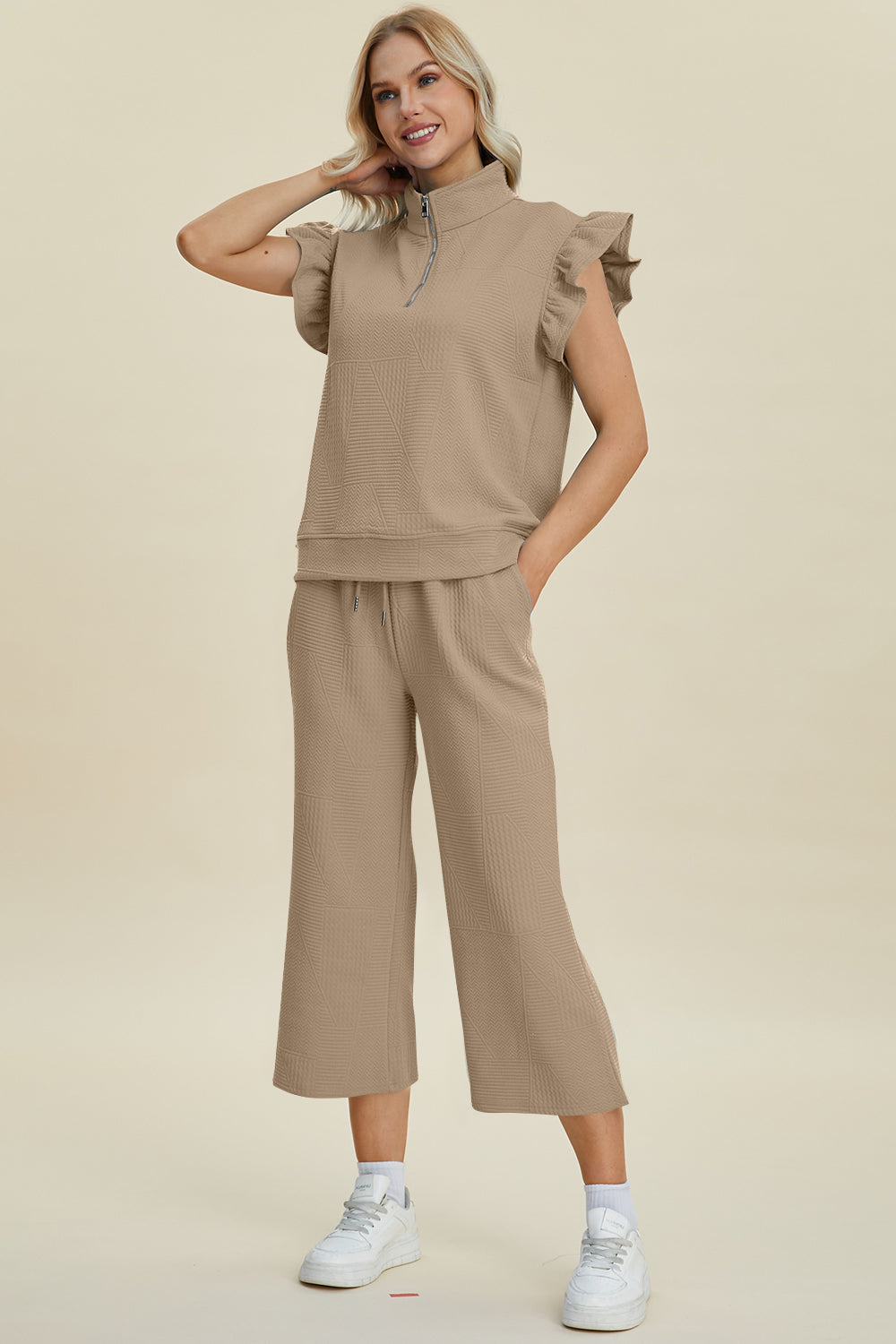 Double Take Full Size Texture Ruffle Short Sleeve Top and Wide Leg Pants Set - Brittney MADE